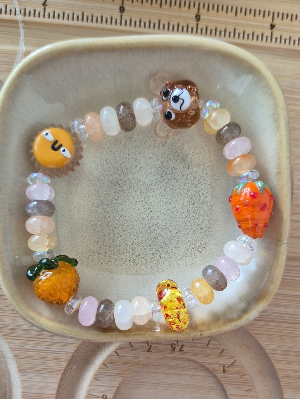 Cute Fruit & Animal Beaded Stretch Bracelet - Orange, Pink, Cream